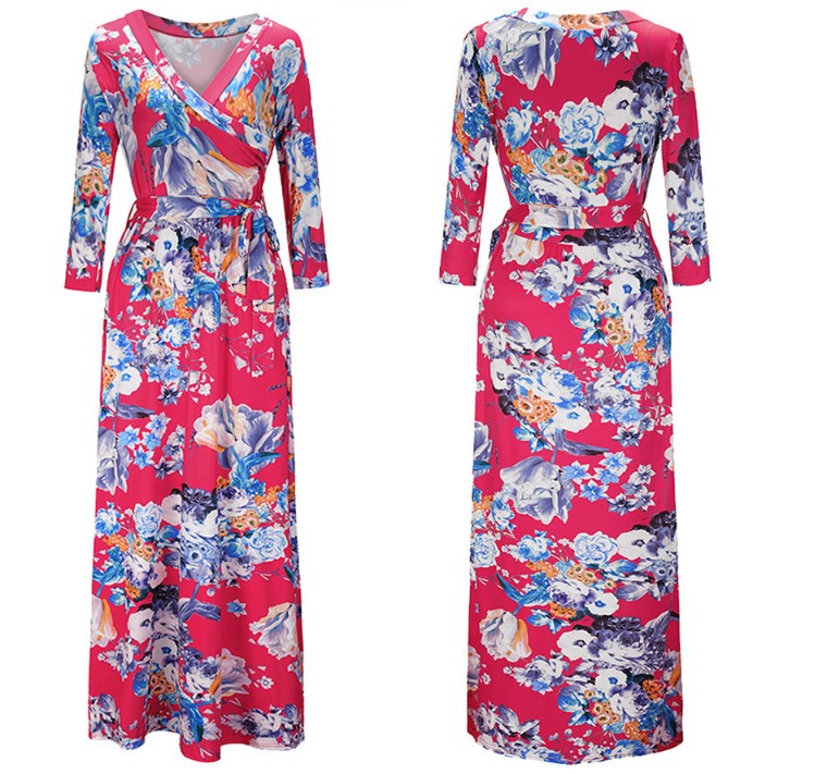 SZ60136-1 Floral Print Long Dress Short Sleeve Empire Flower Maxi Dresses